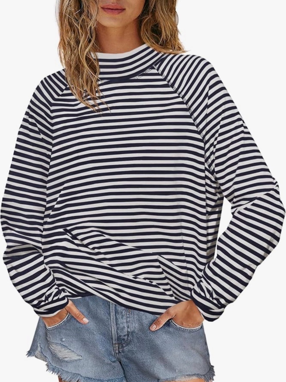 Striped Mock Neck Long-Sleeve Top - Black & White